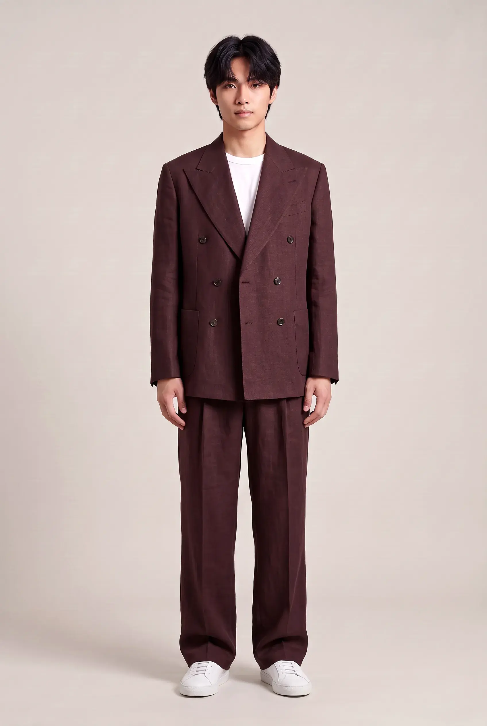 Burgundy Linen Double-Breasted Suit - full length, second view