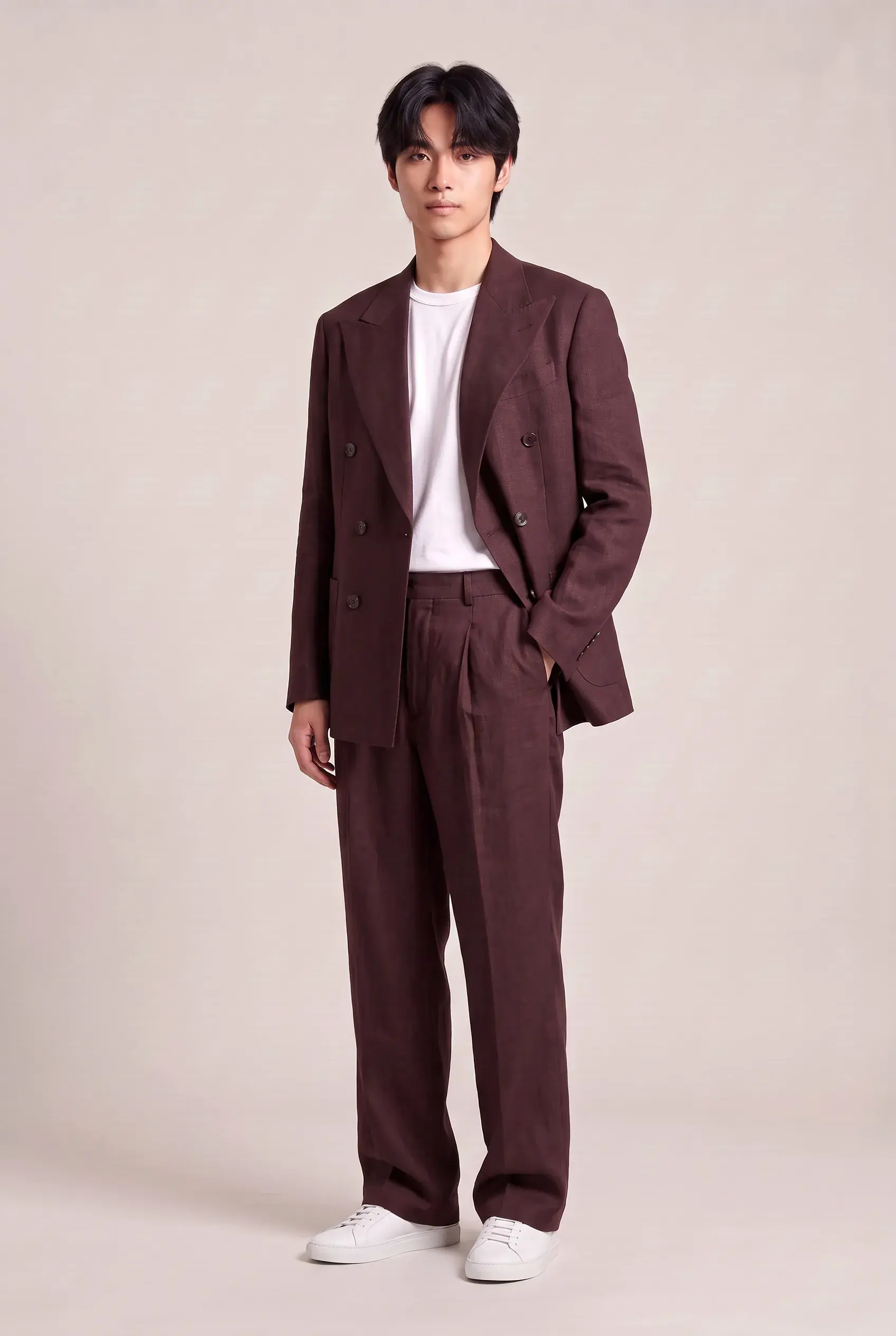 Burgundy Linen Double-Breasted Suit, made bespoke by ITORVANI in Bangkok