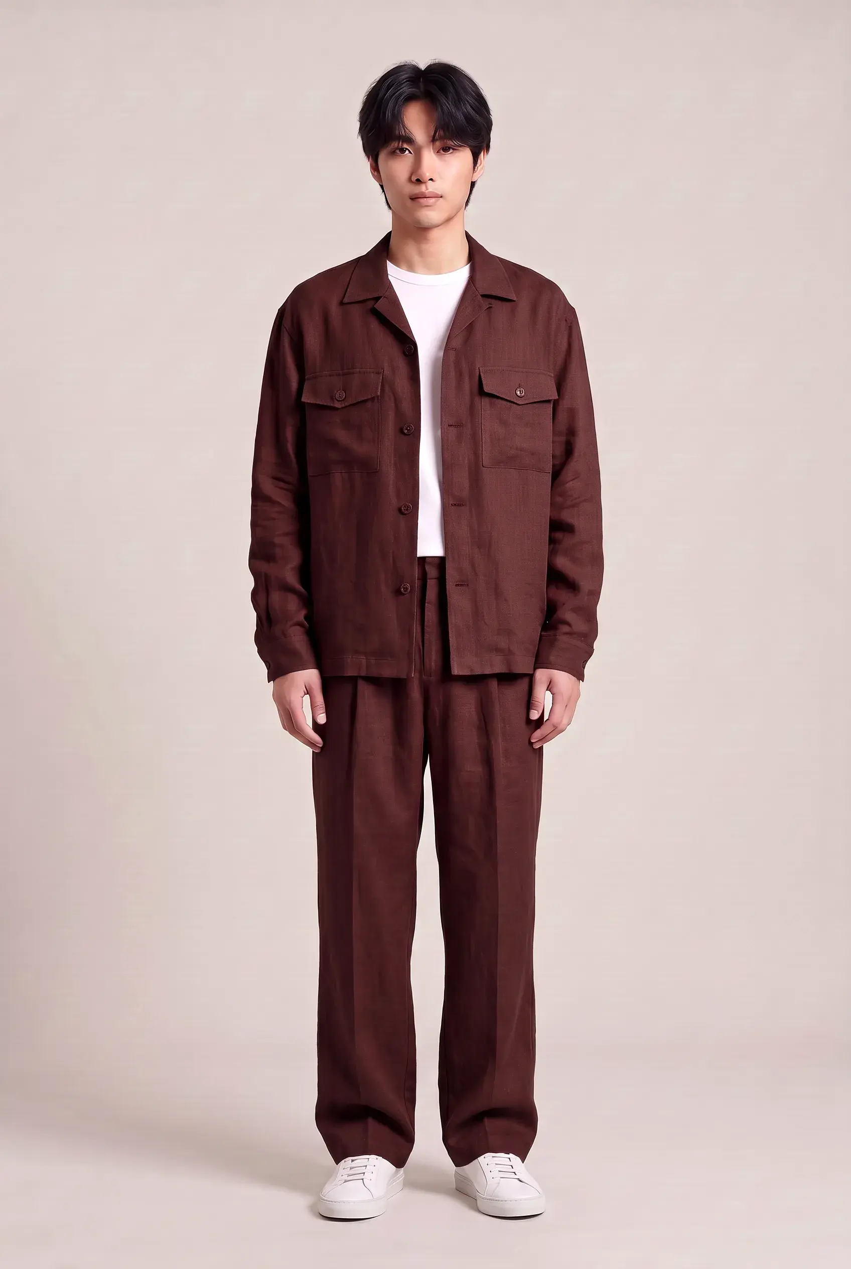 Burgundy Linen Shacket and Trousers Set - full length, second view