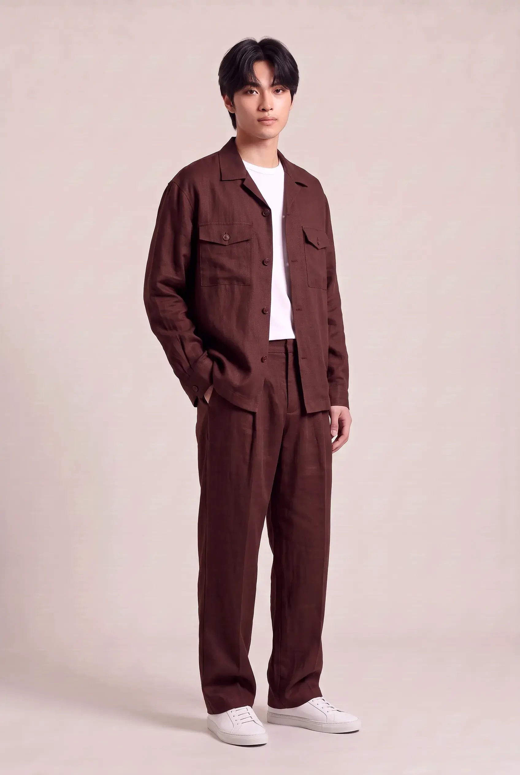 Burgundy Linen Shacket and Trousers Set, made bespoke by ITORVANI in Bangkok