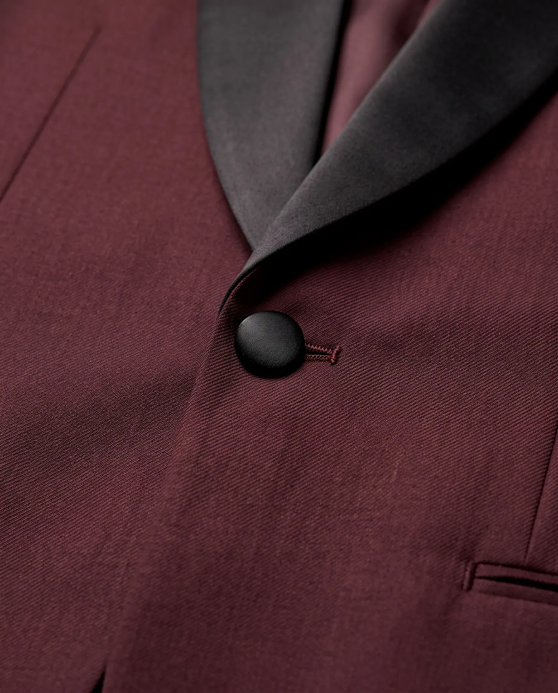 Burgundy Shawl Lapel Tuxedo - satin lapel detail