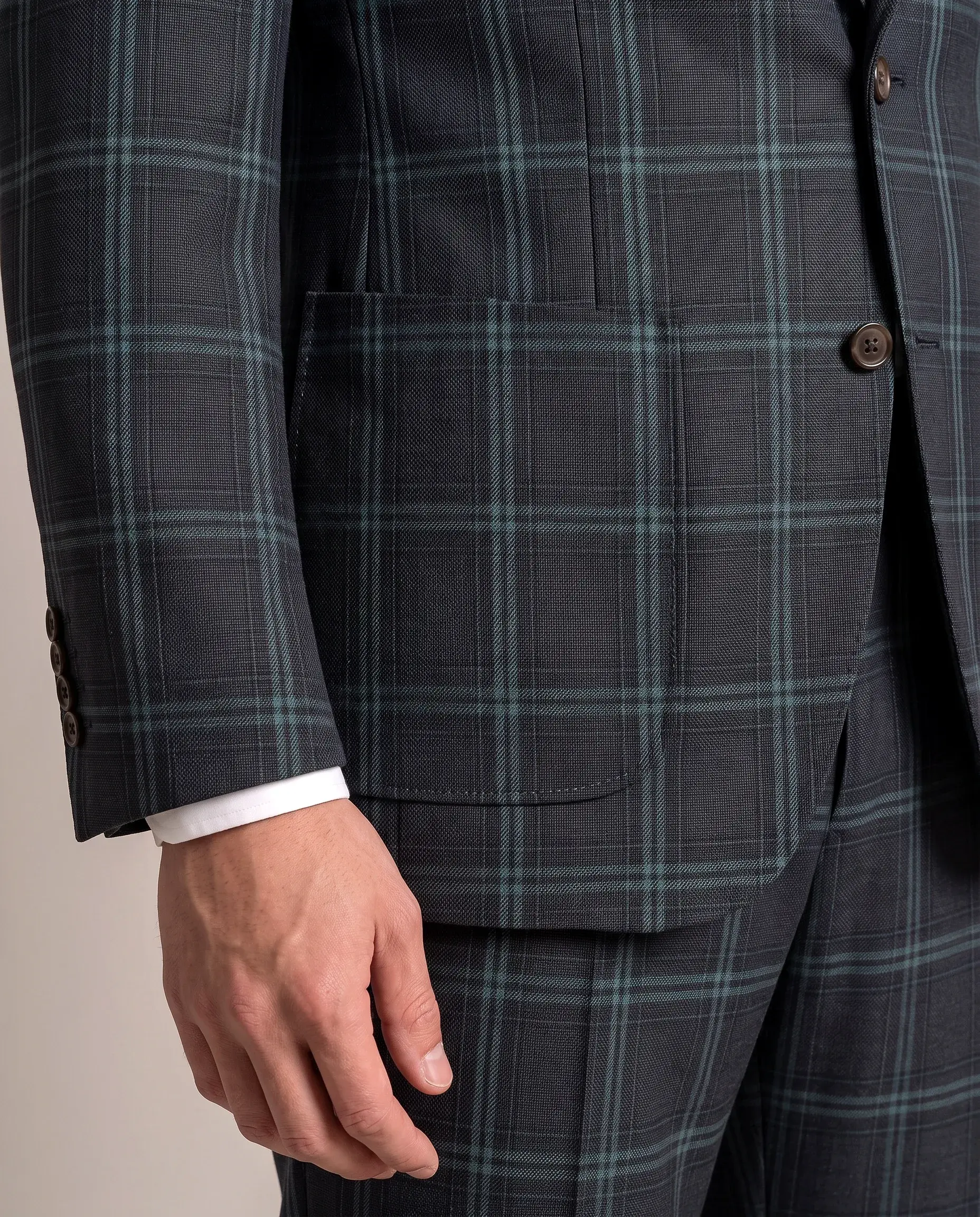 Charcoal Green Windowpane Check Suit - pocket detail