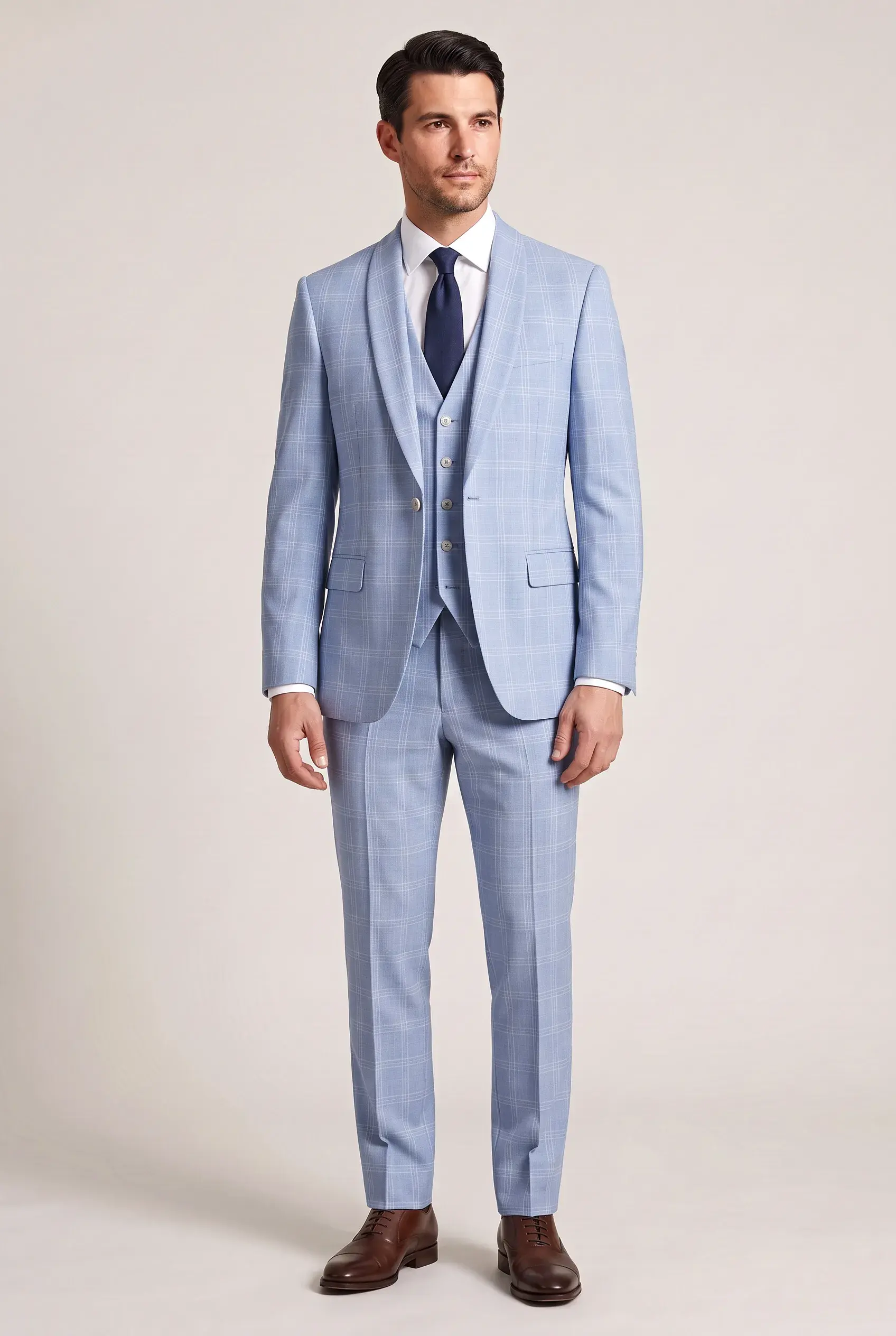 Light Blue Check Three-Piece Suit - full length, second view