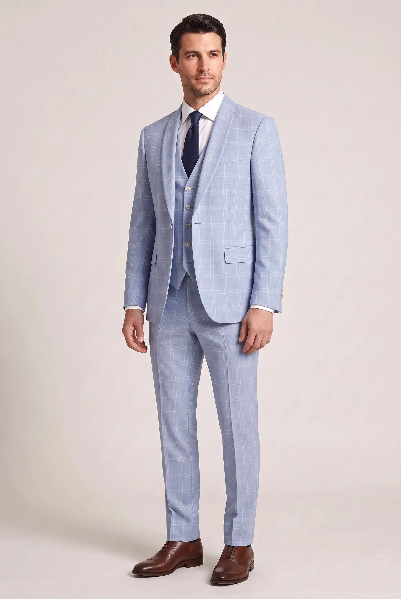 Light Blue Check Three-Piece Suit, made bespoke by ITORVANI in Bangkok