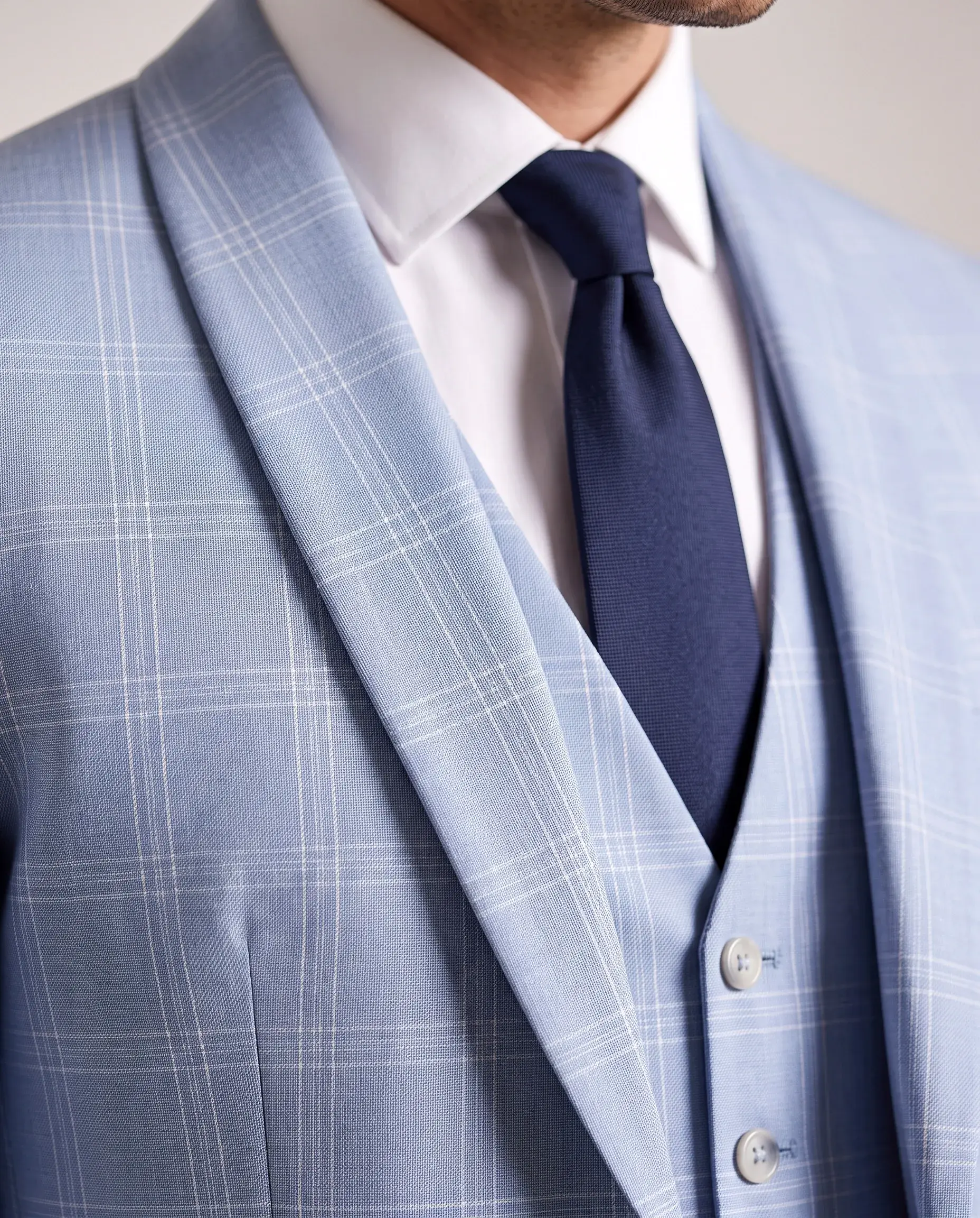 Light Blue Check Three-Piece Suit - waistcoat detail