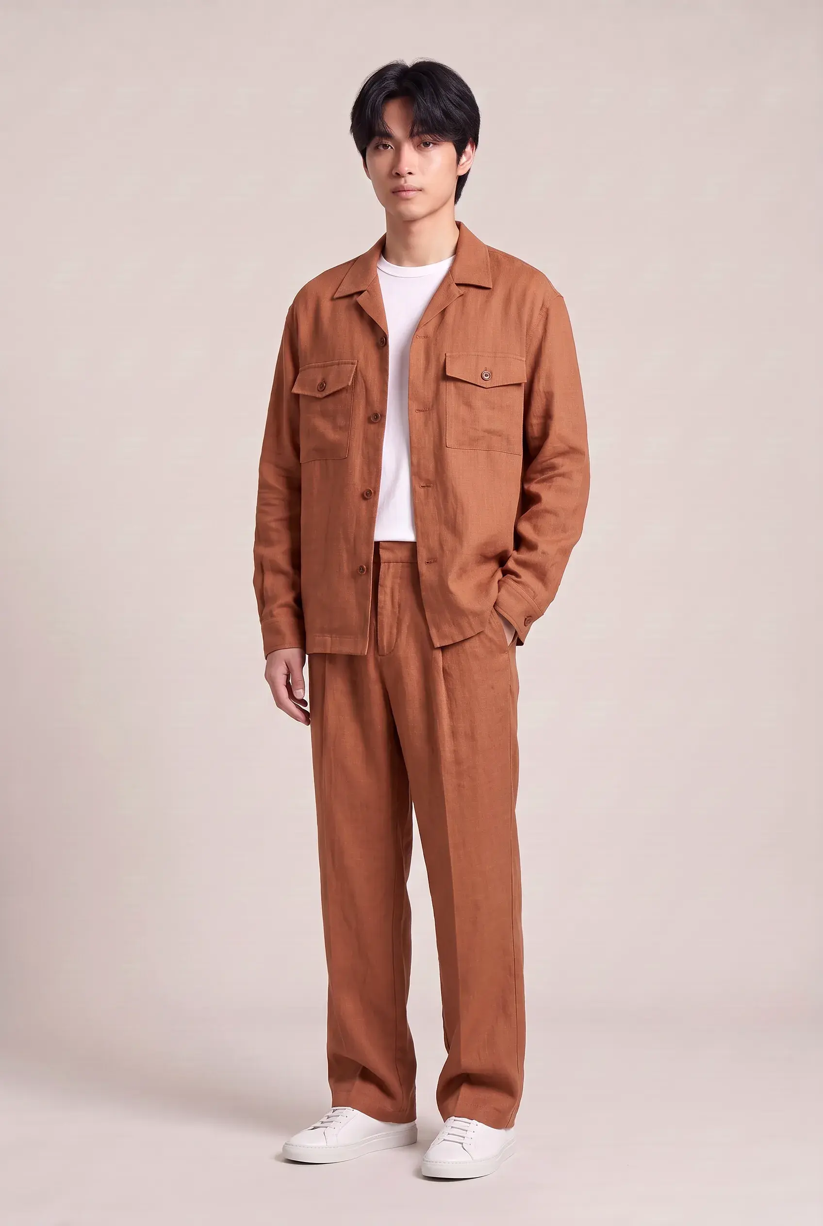 Rust Linen Shacket and Trousers Set - full length, second view
