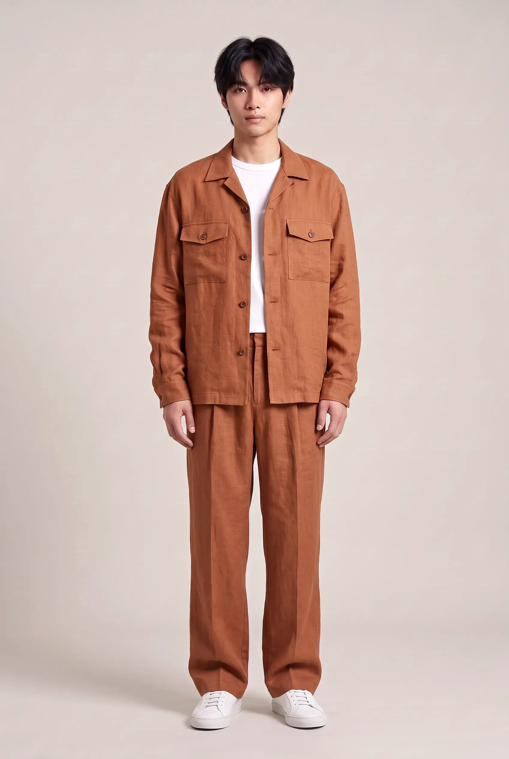 Rust Linen Shacket and Trousers Set, made bespoke by ITORVANI in Bangkok