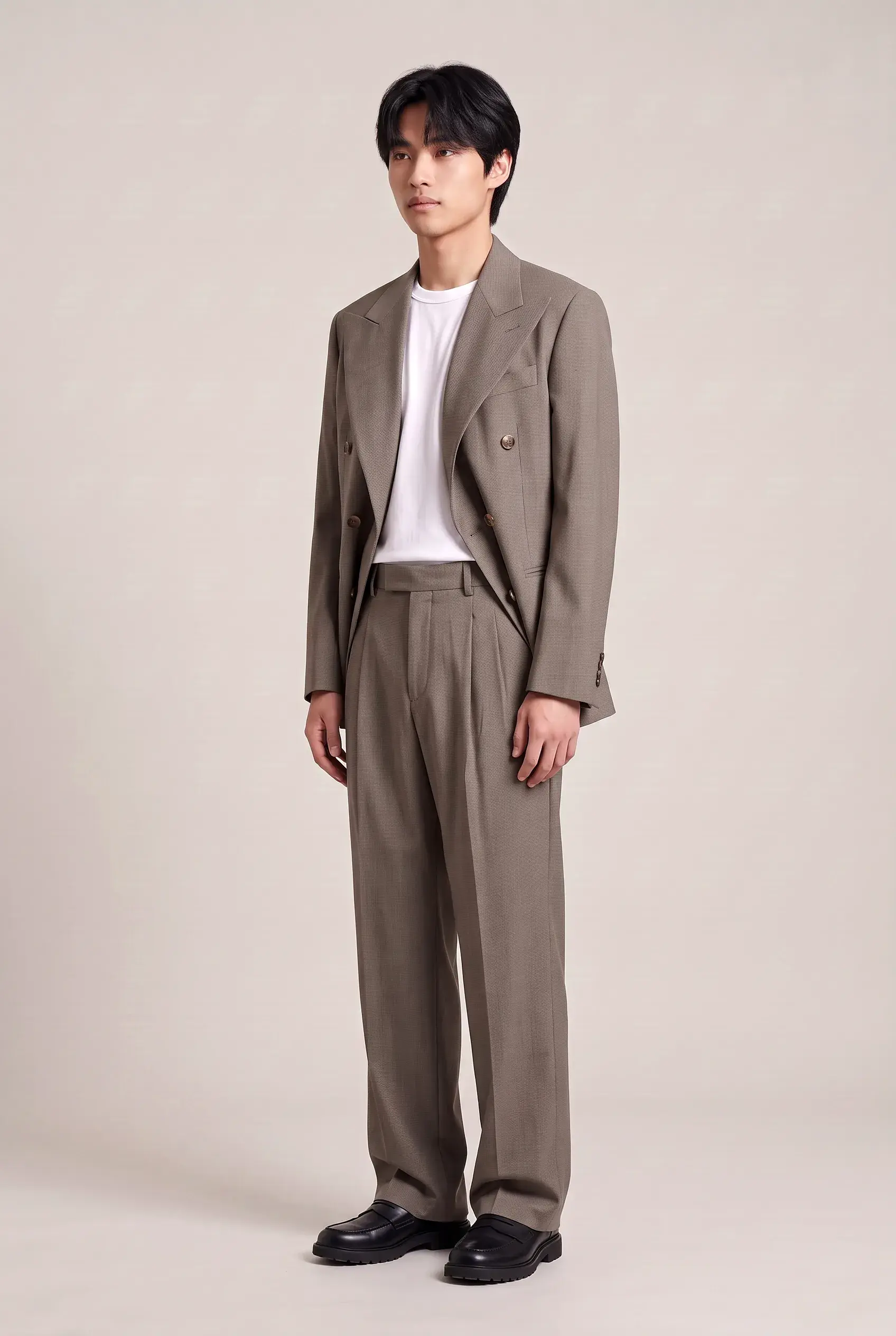 Taupe Double-Breasted Relaxed Suit - full length, second view