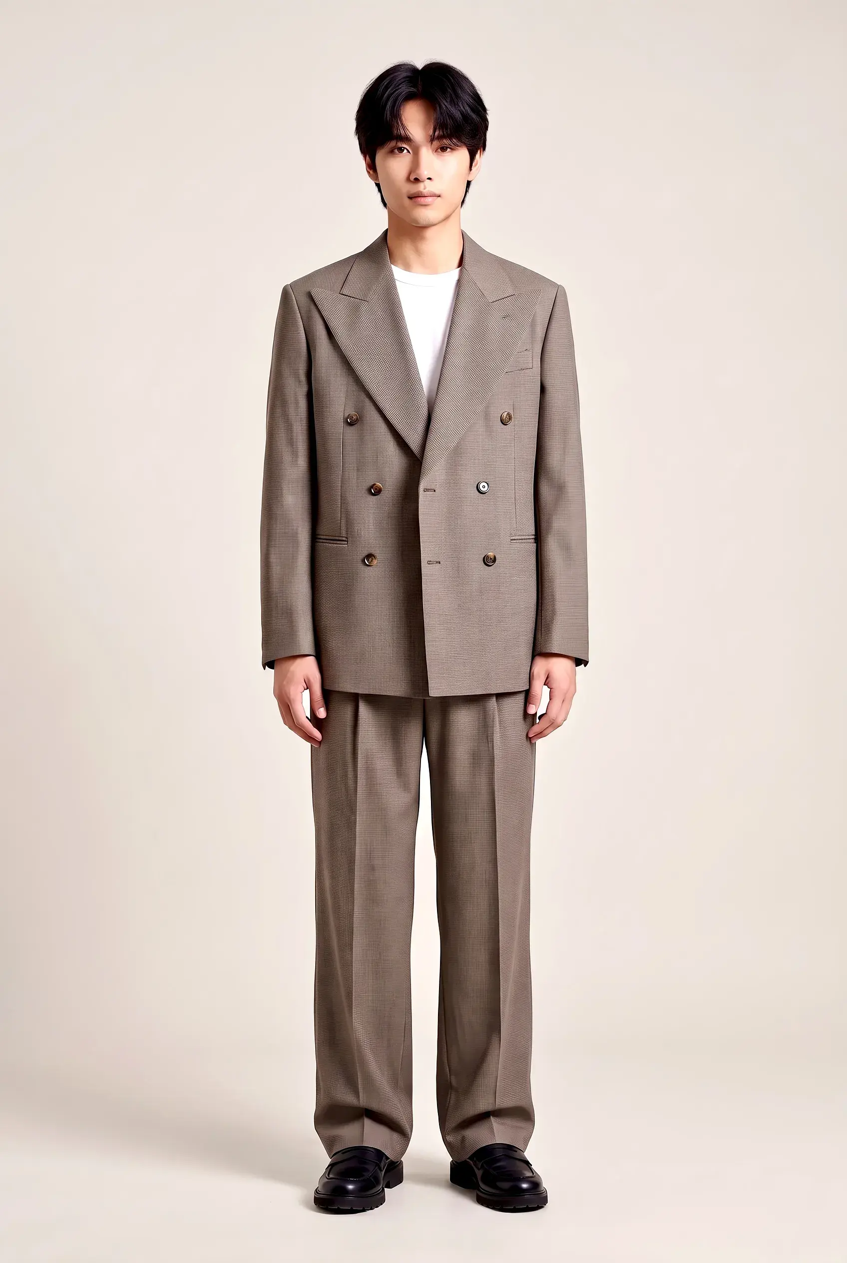 Taupe Double-Breasted Relaxed Suit, made bespoke by ITORVANI in Bangkok