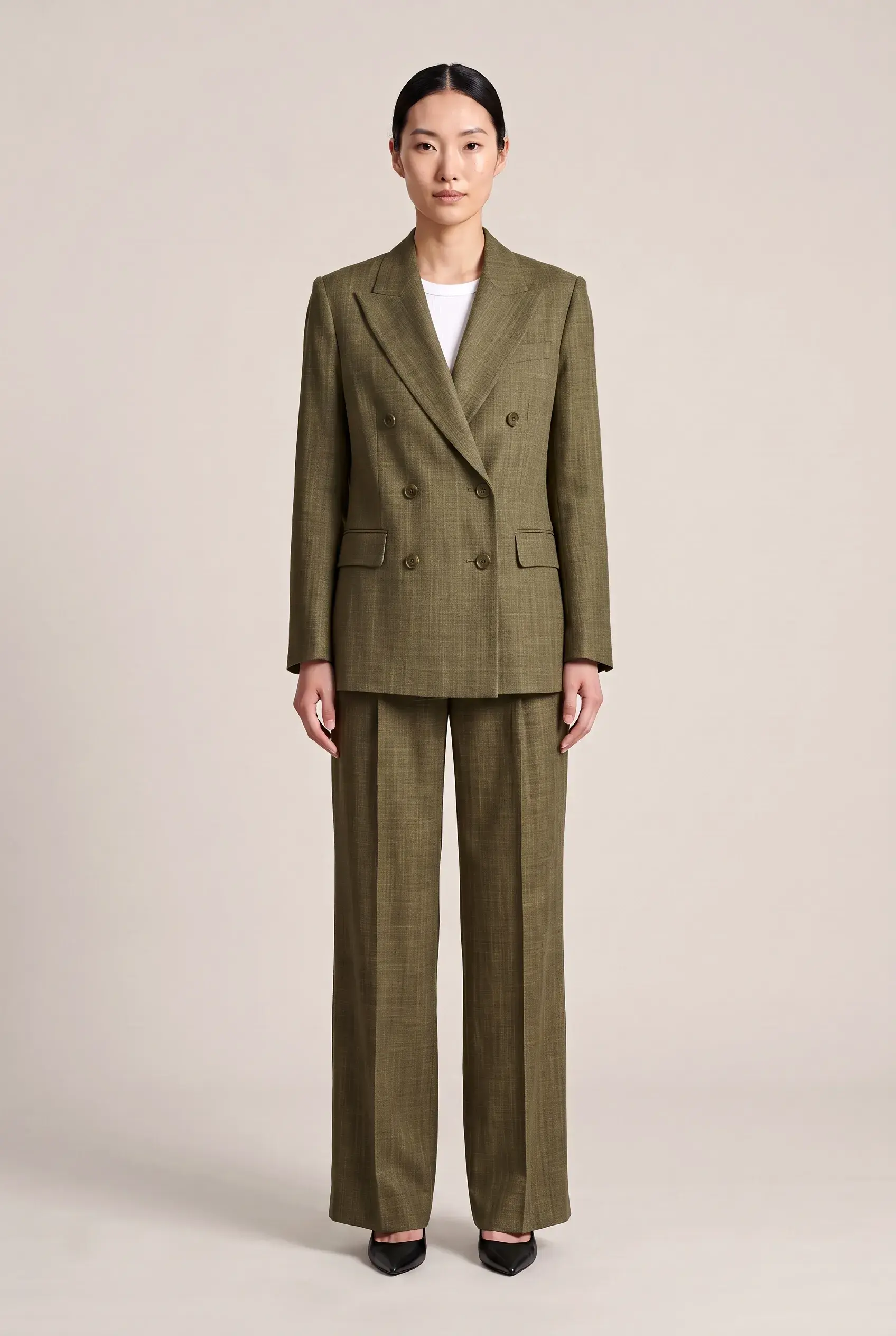 Women's Olive Green Double-Breasted Suit - full length, second view