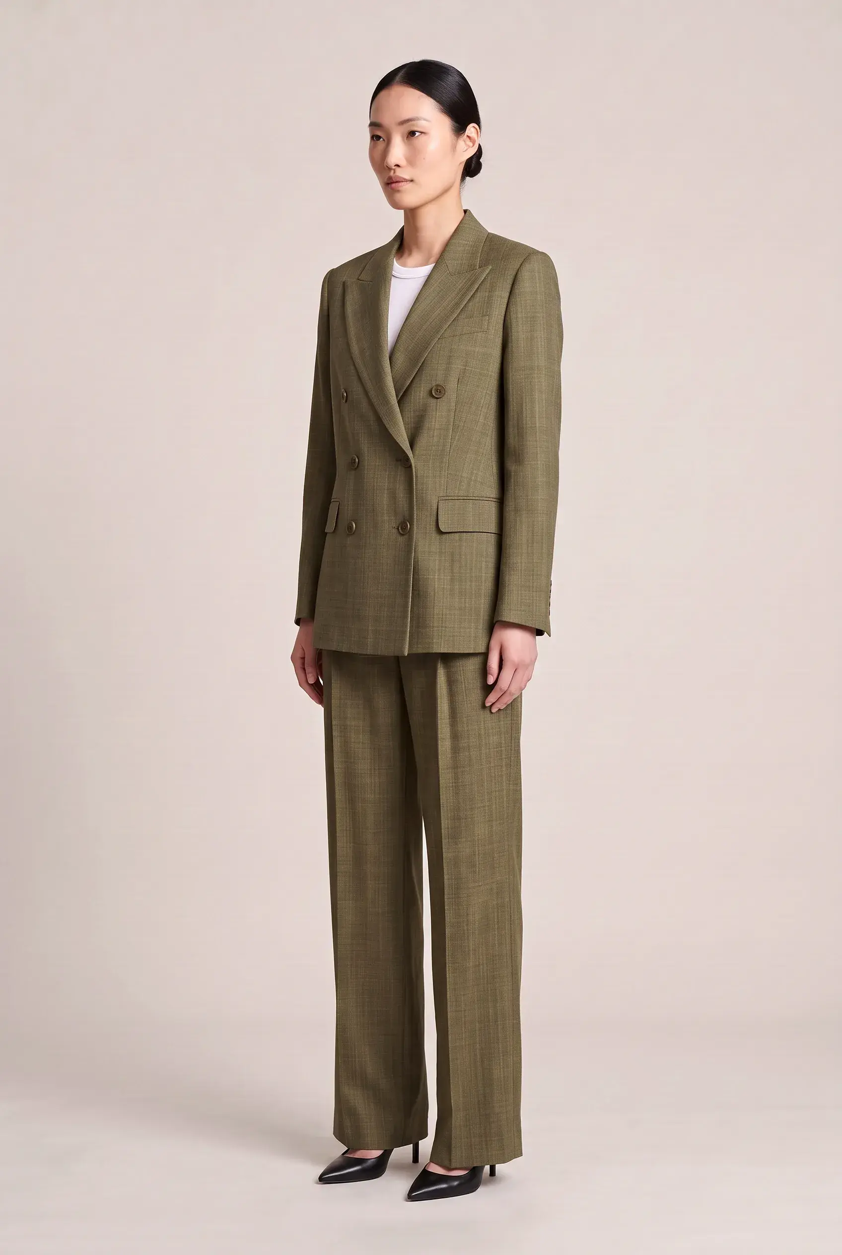 Women's Olive Green Double-Breasted Suit, made bespoke by ITORVANI in Bangkok