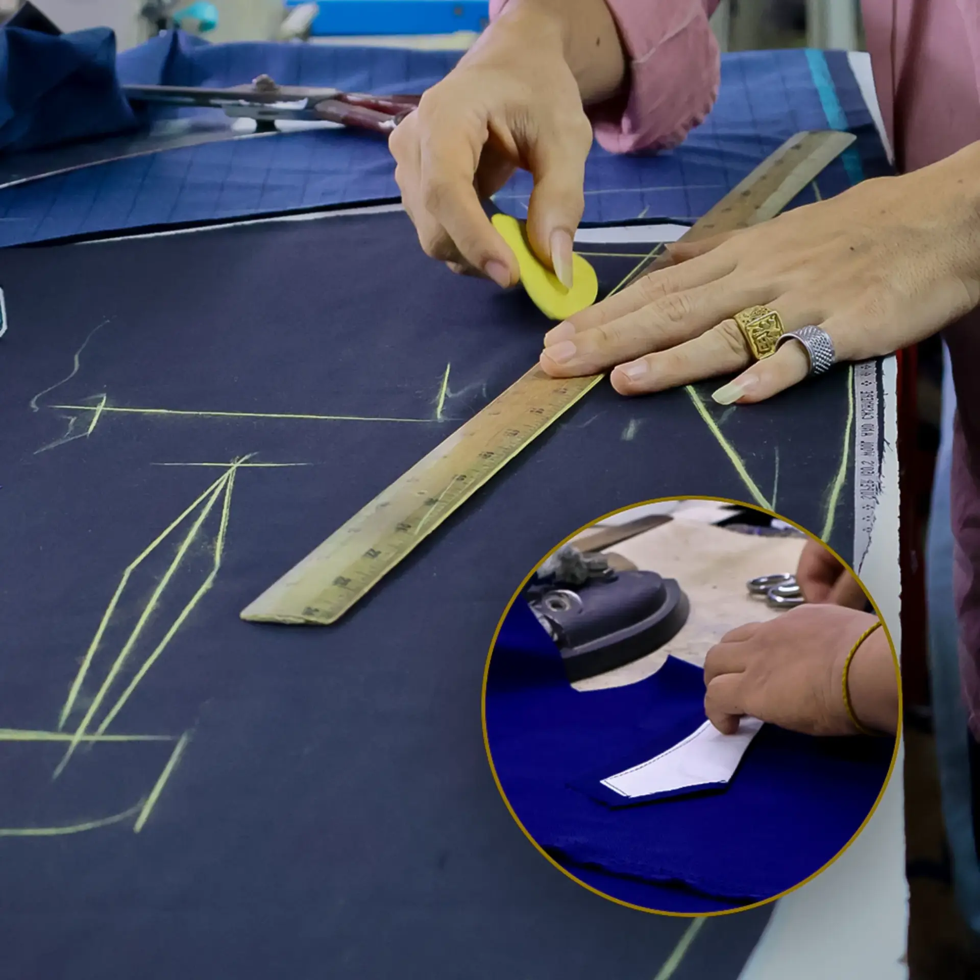 Tailor marking navy suit cloth with chalk and a ruler, with a close-up of the cloth being cut