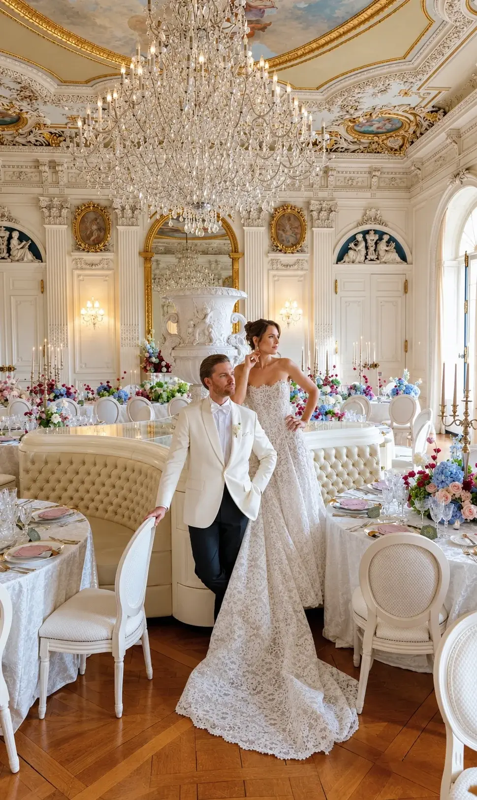 Groom in a white suit with his bride in a white gown in a chandelier-lit ballroom