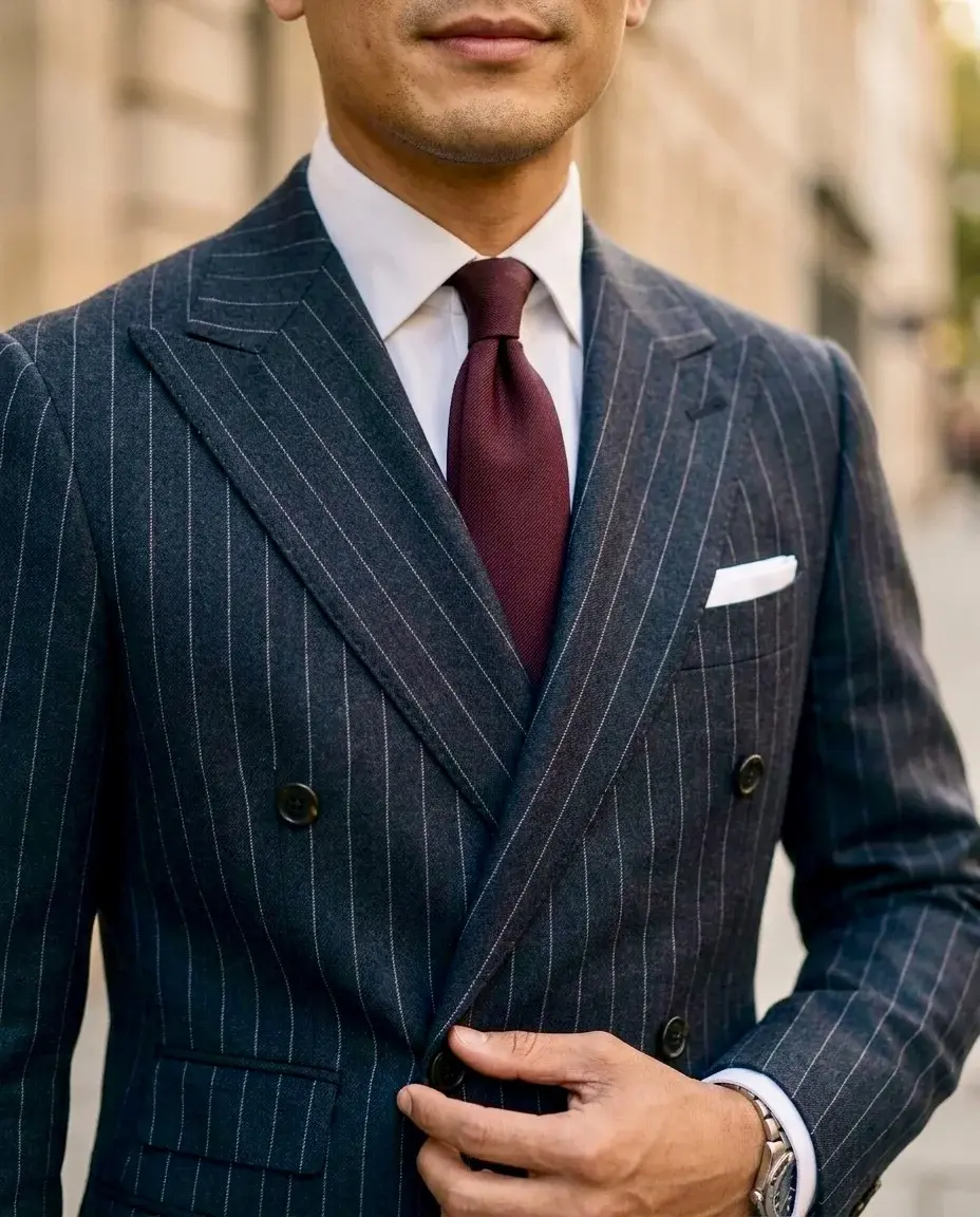 Man in a navy pinstripe double-breasted suit with a burgundy tie and white pocket square