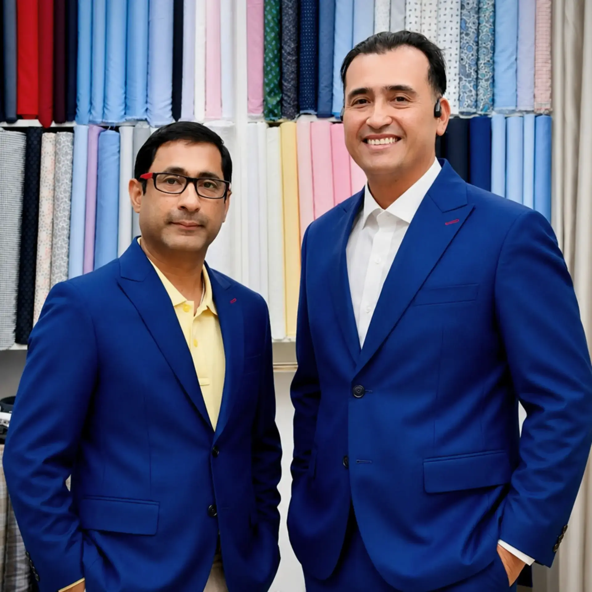 Two men in royal blue suits smiling in front of the shop's fabric wall