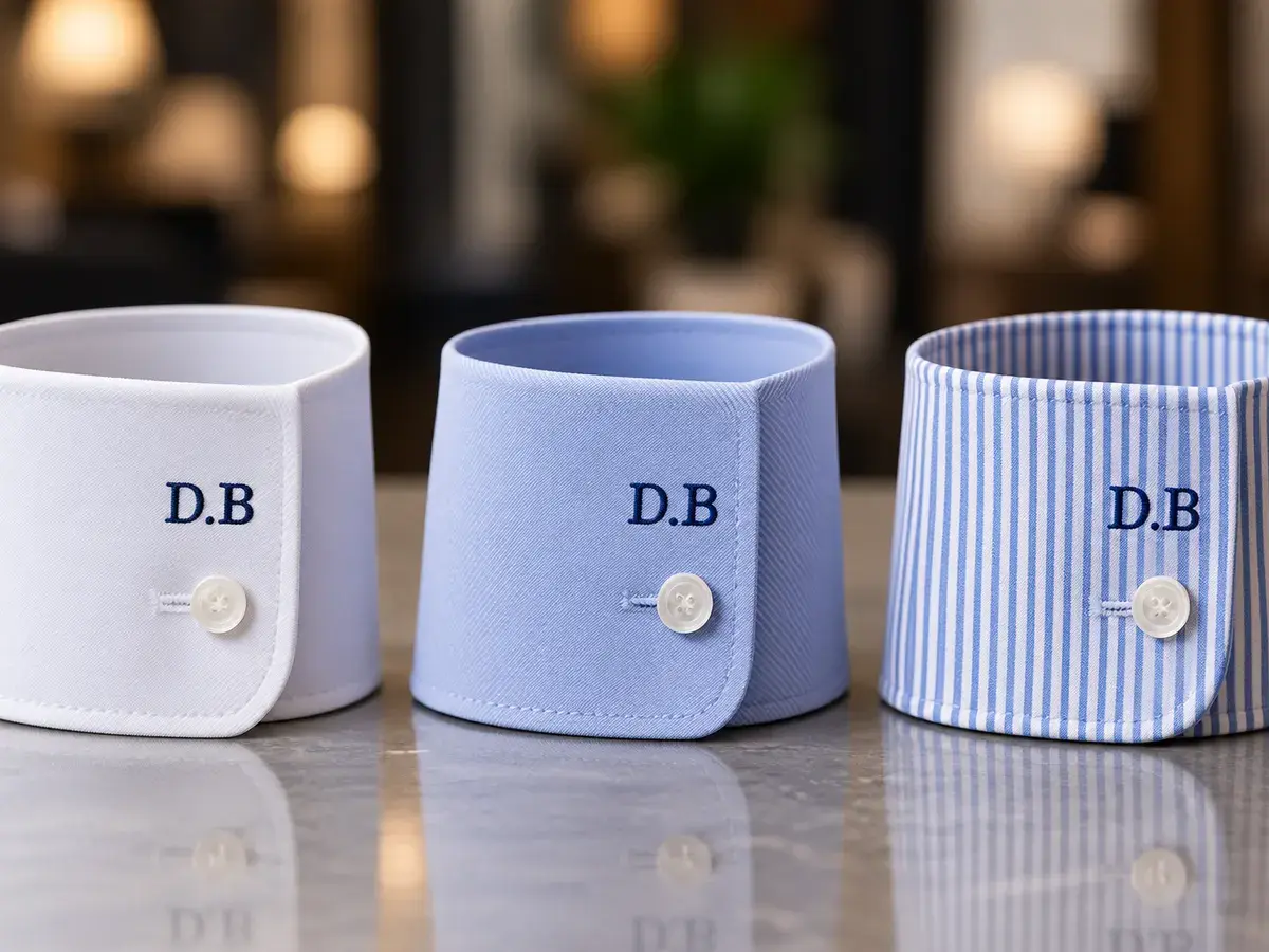 Three custom shirt cuffs in white, light blue and striped fabric, each with a monogram