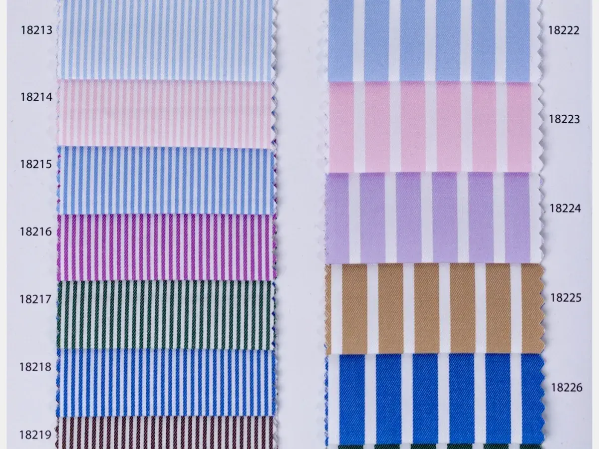 Striped cotton shirt fabric swatch card showing the colour options