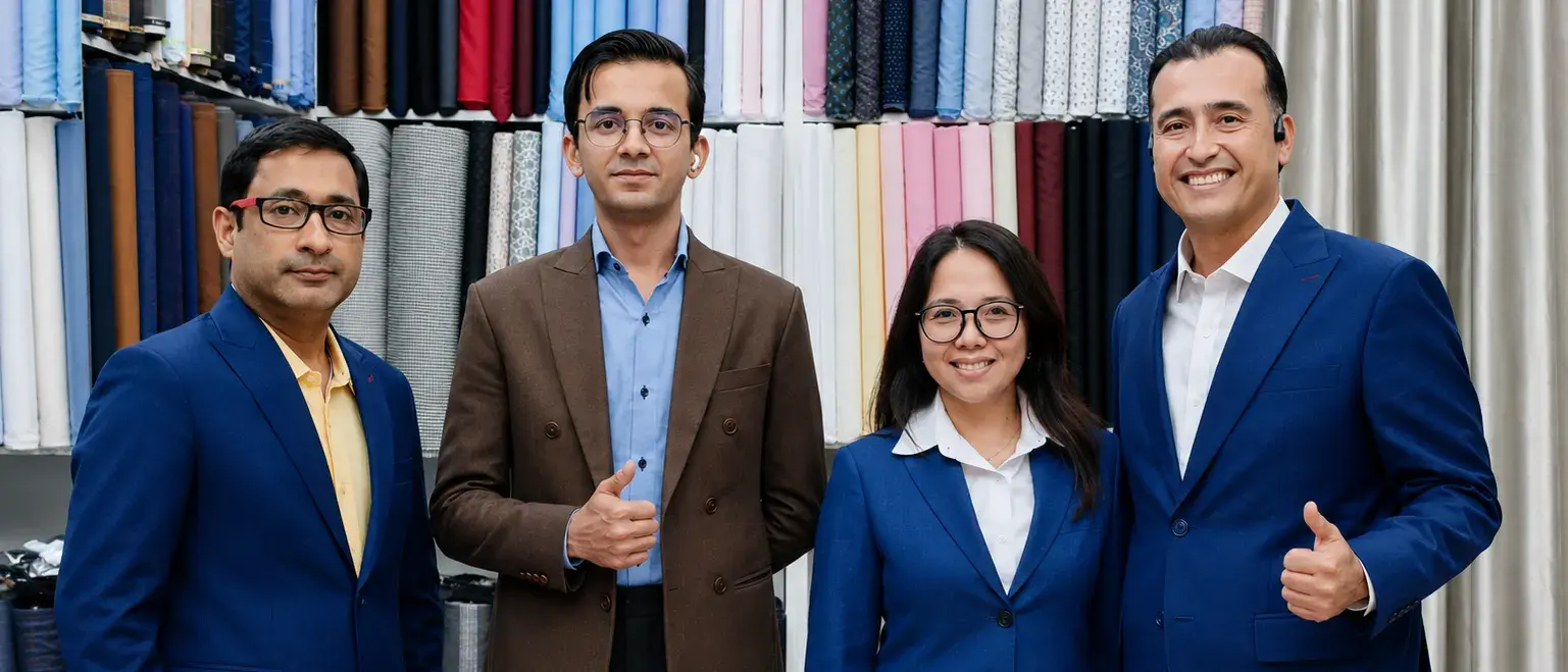 Tailor with clients in tailoring suits store standing in front of the fabric wall