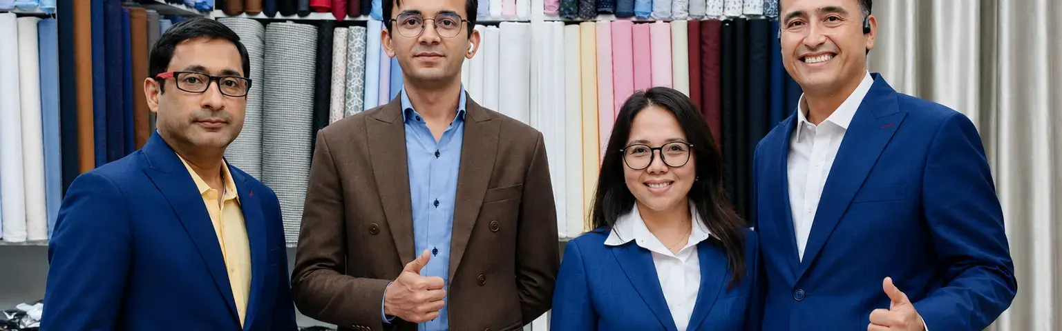 ช่างตัดเสื้อกับลูกค้าในสูทสั่งตัดยืนหน้าผนังผ้า