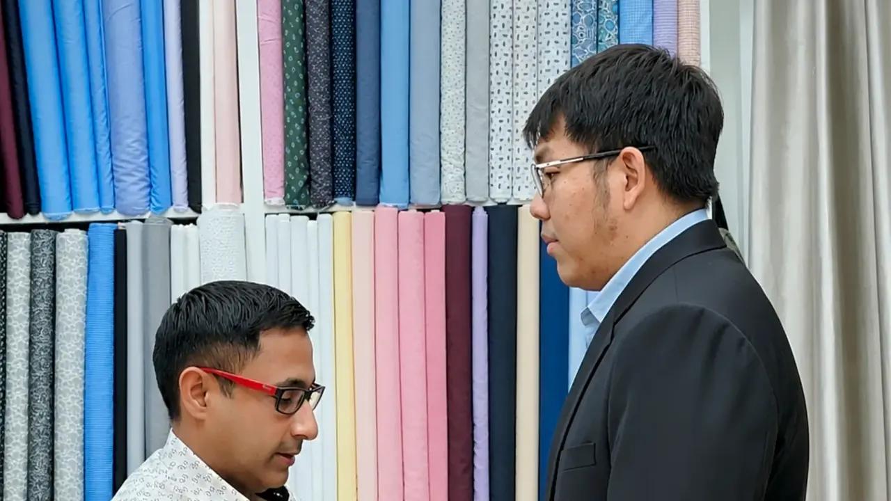 Tailor adjusting a black jacket on a client in front of the fabric wall