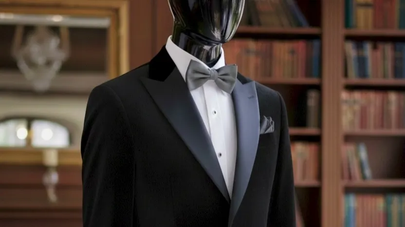 Black tuxedo jacket with satin lapels and a bow tie on a mannequin in a library setting