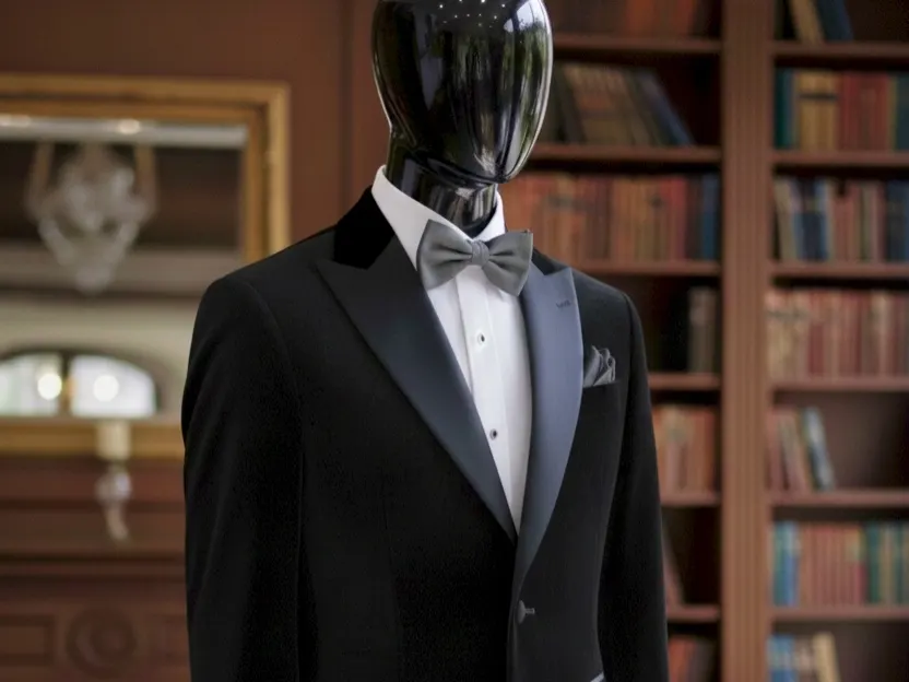 Black tuxedo jacket with satin lapels and a bow tie on a mannequin in a library setting