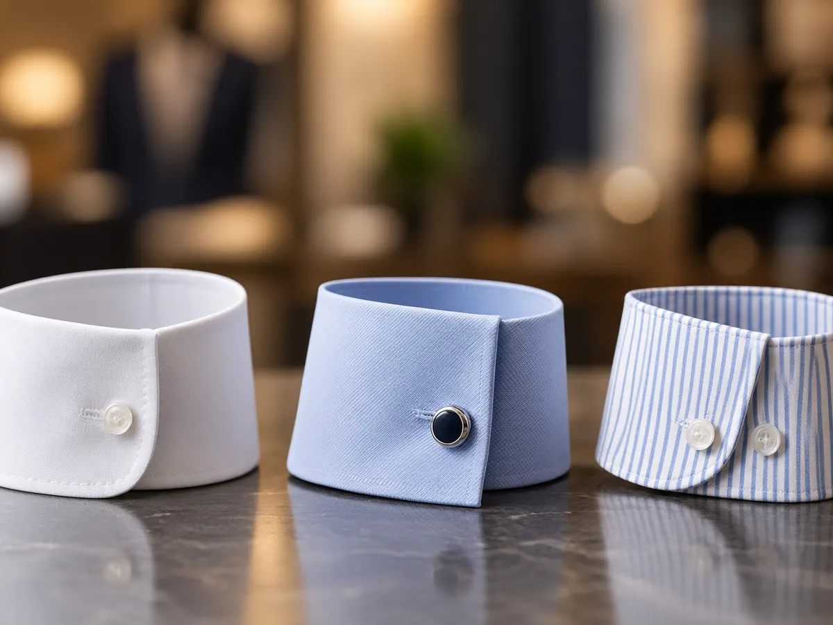 Custom shirt cuffs in white, blue and striped fabrics with button and cufflink fastenings