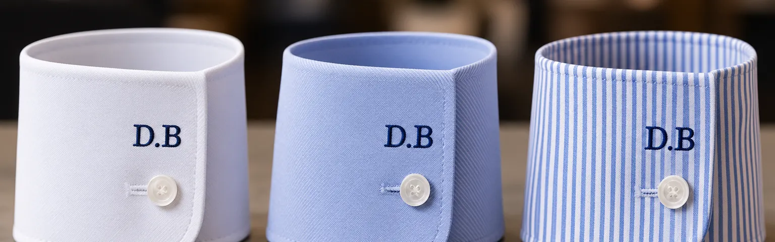 Three custom shirt cuffs in white, light blue and striped fabric, each with a monogram