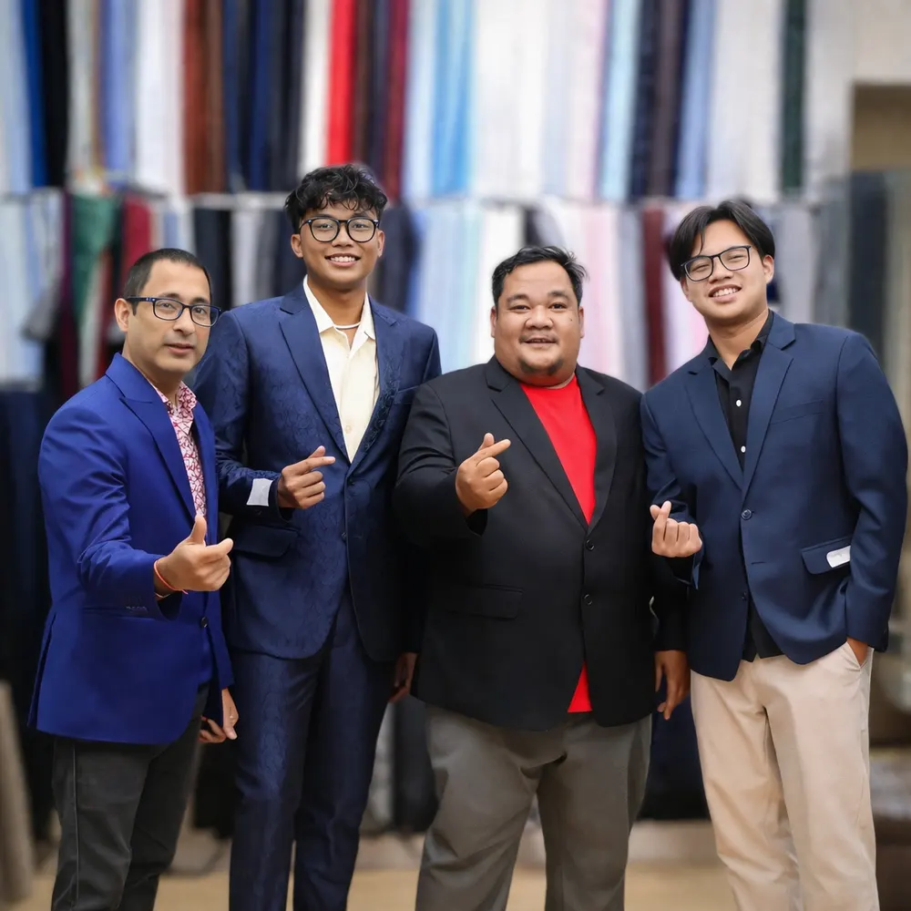 Four men in tailored blazers posing together in front of the fabric wall