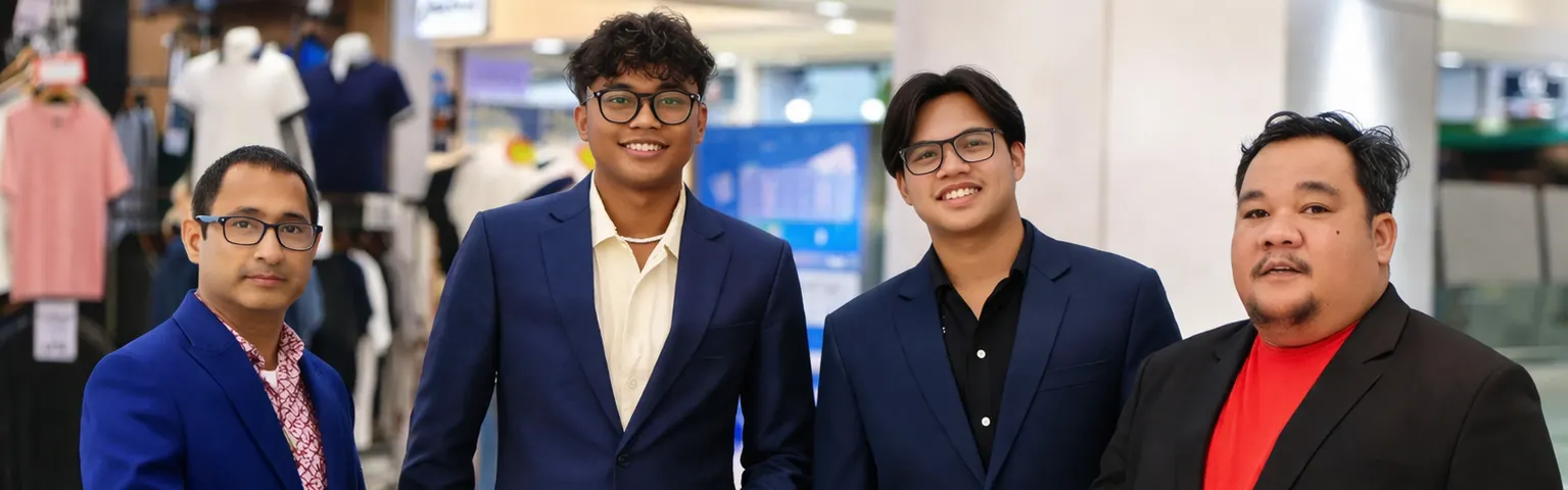 Four men in tailored blazers giving a thumbs up together in a shopping mall