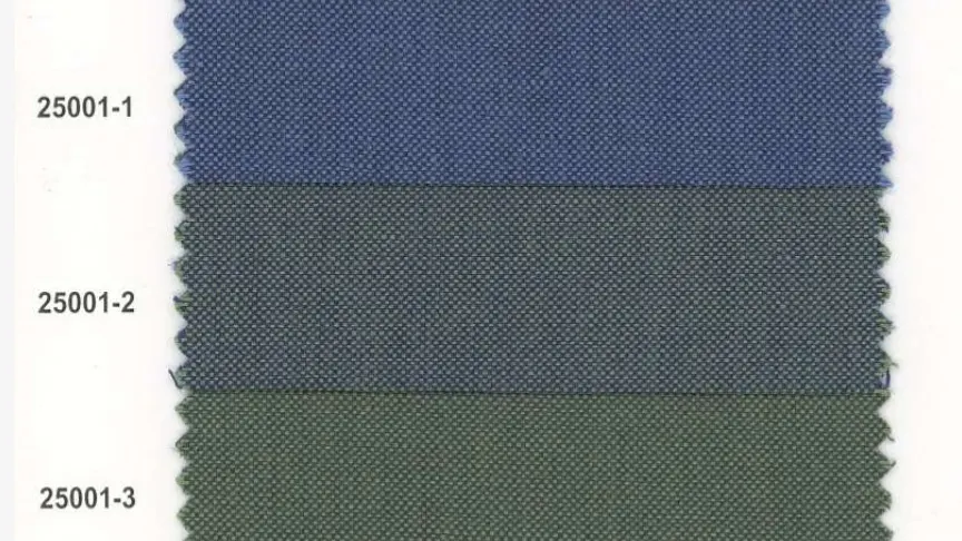 Wool, linen and silk blend fabric swatches in charcoal, blue and green