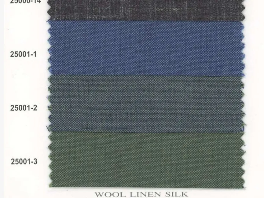 Wool, linen and silk blend fabric swatches in charcoal, blue and green